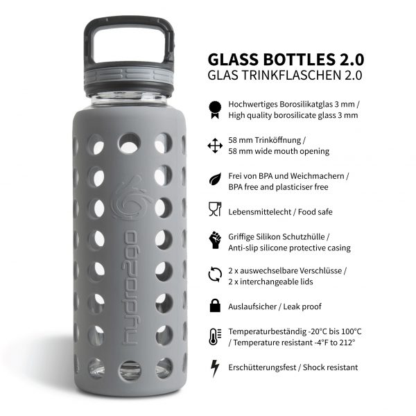 glas trinkflasche silikon 1l grau