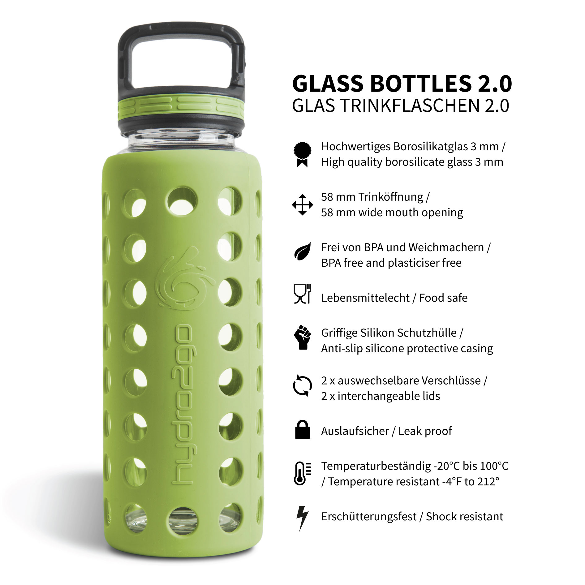 Glas Trinkflasche Grün 950 ml