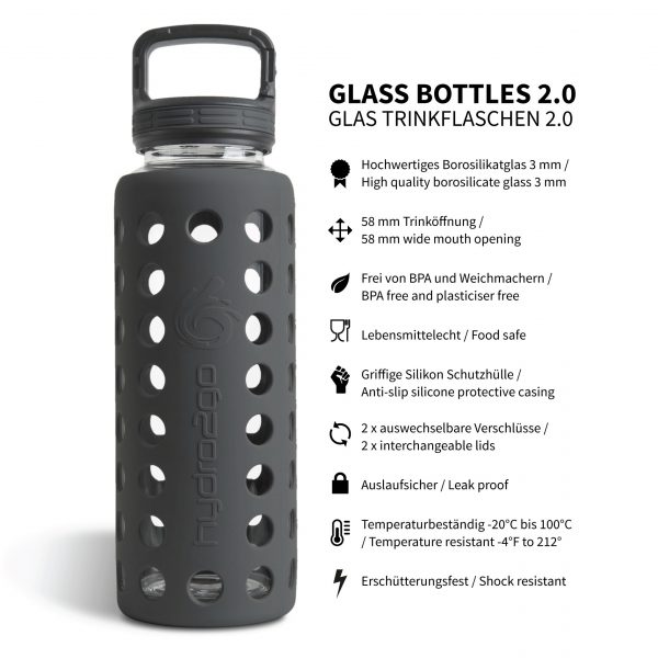 glas trinkflasche silikon 1l schwarz